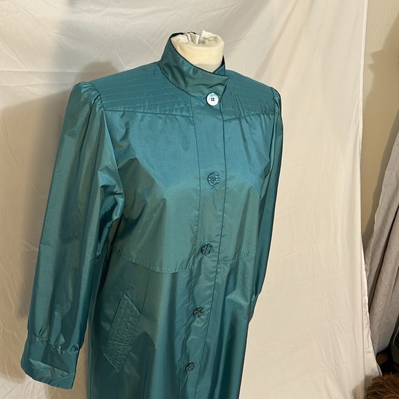 Vintage Trenchcoat Women L Turquoise Metallics Shimmer with Pockets Button Down - Picture 10 of 17